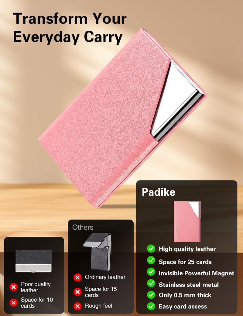 Padike Business Card Holder, PU Leather & Stainless Steel Multi Card Case for Men & Women, Name Card Holder, Credit Card Wallet, ID Case/Holder with Magnetic Closure (Pink) - Image 2